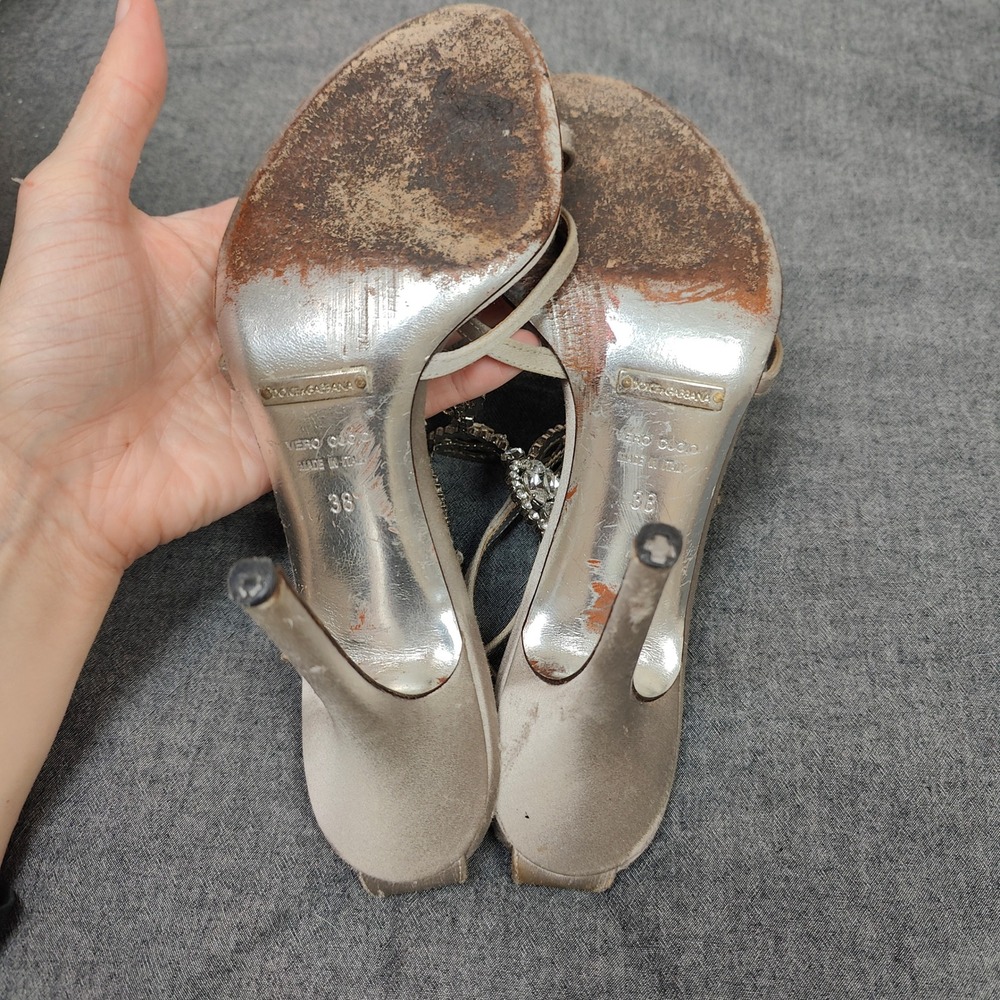 Dolce & Gabbana Sandals Womens 38 Champagne Satin Crystal T-Strap Heels Glam - Picture 7 of 9